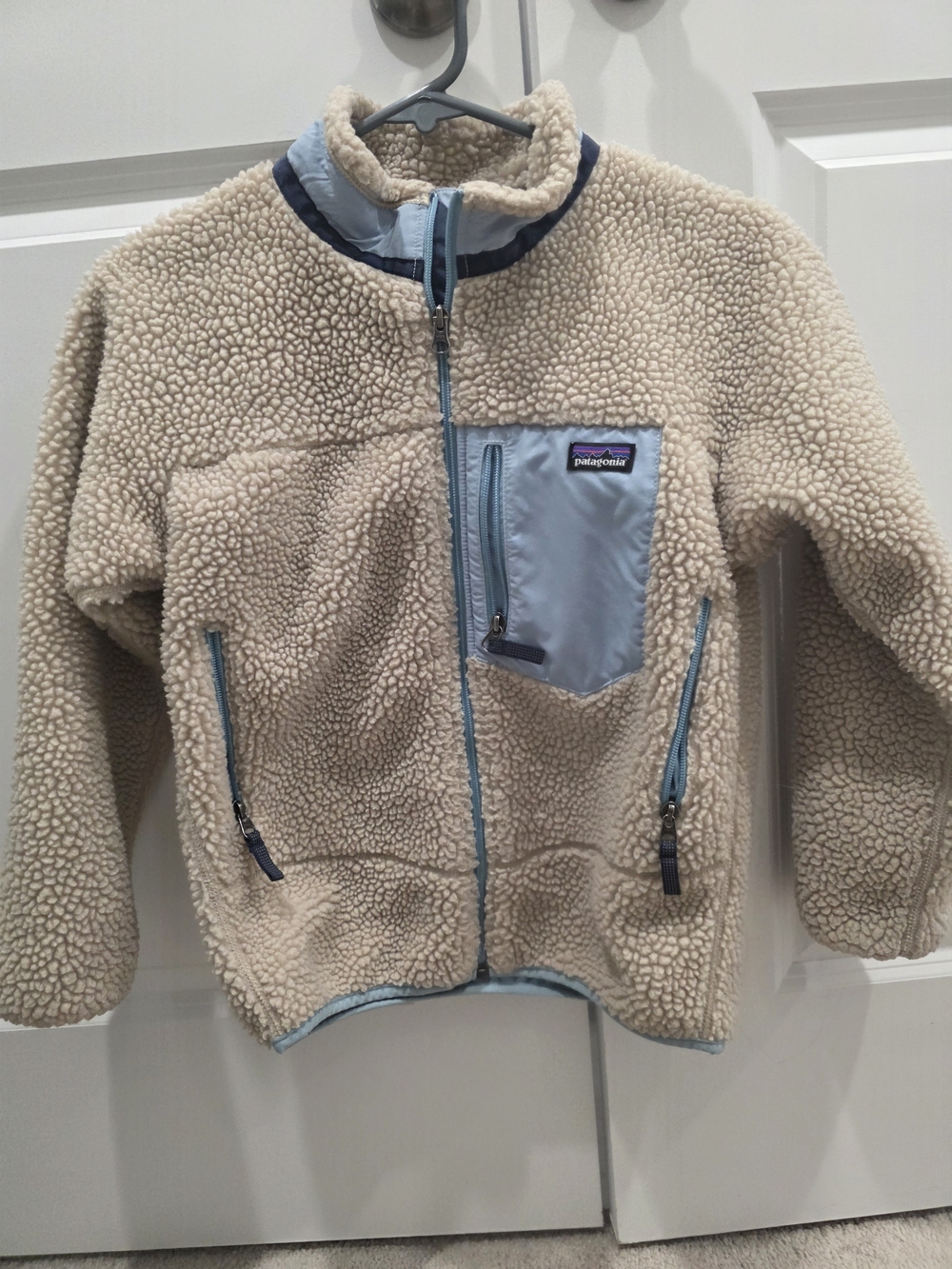 Patagonia Kids Cream Sherpa Jacket with Light Blue Accents